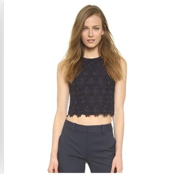 A.L.C. Women Size 0 Adriana Navy Blue Floral Lace Sleeveless Crop Top Shirt - Picture 1 of 13